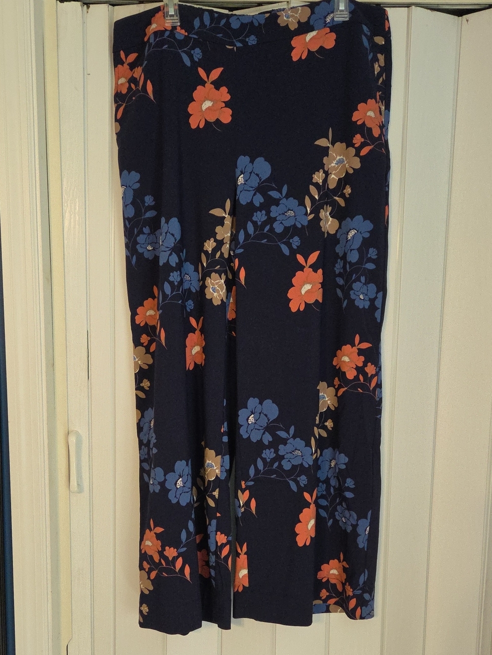 Chico's Navy Floral Wide-Leg Palazzo Pants with Blue and Orange Blooms
